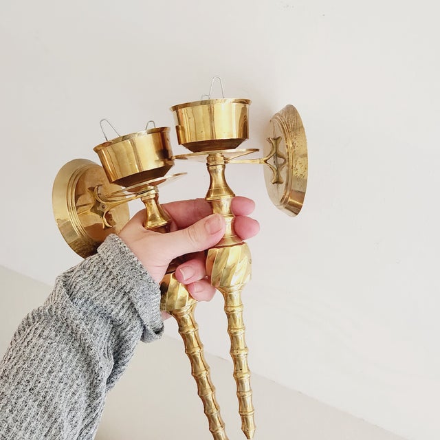 1960s Vintage Brass Wall Candle Holders - a Pair For Sale - Image 5 of 8