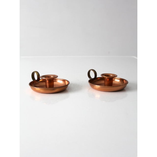 Vintage Copper and Brass Chamberstick Candlesticks Pair For Sale - Image 4 of 15
