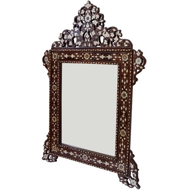 Moroccan Vintage Syrian Floral-Patterned Colorful Mother-Of-Pearl Mirror For Sale - Image 3 of 10