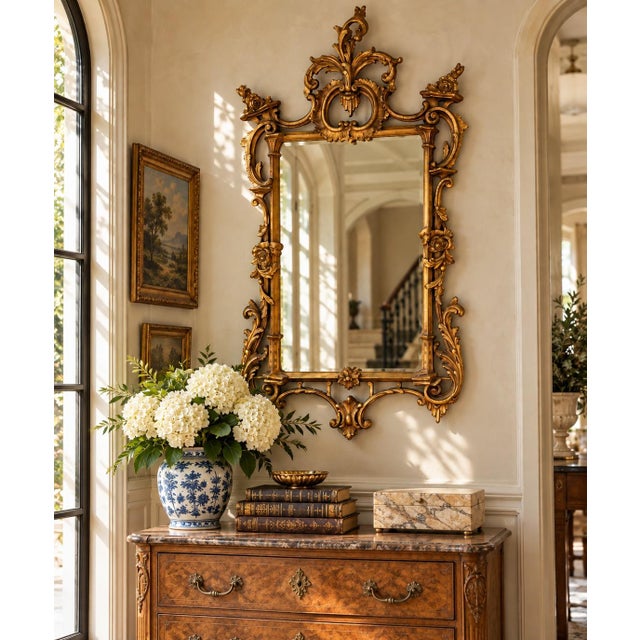 A wonderfully decorative early 20th-century giltwood wall mirror in the French Louis XV tradition, distinguished by an...