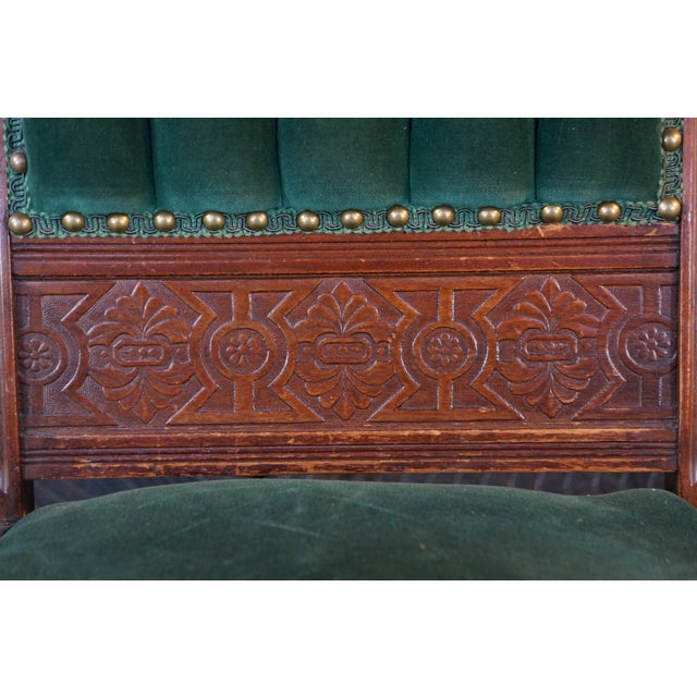 Dark Green Antique Victorian Eastlake Carved Mahogany Tufted Velvet Parlor Side Chair For Sale - Image 8 of 18