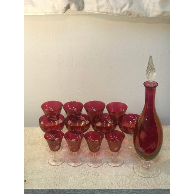 1930s Cranberry Red Etched Glass Decanter and Glass Stemware Set of 13 Chairish