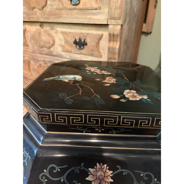 Black Circa 1920's Antique Chinoiserie Black Lacquer Wood Stool / Side Table For Sale - Image 8 of 10
