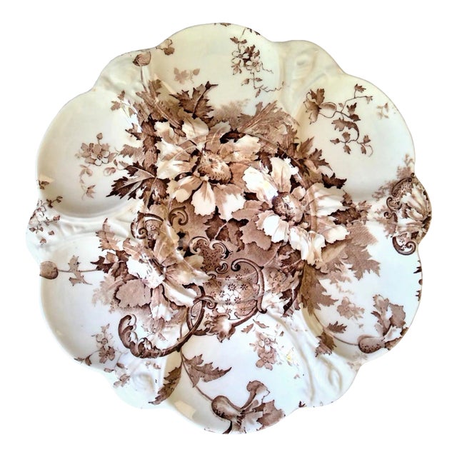 Antique Marguerite Royal Staffordshire Pottery Brown Transferware Oyster Plate For Sale