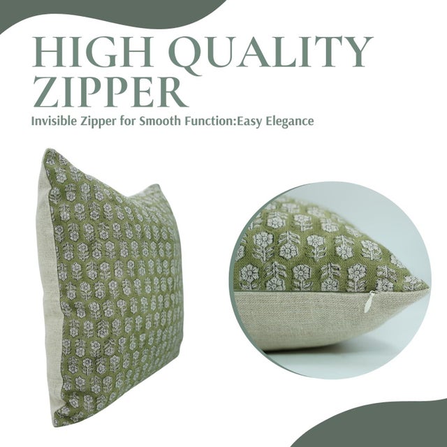 Not Yet Made - Made To Order Tulsi Buti Olive Green Printed Thick Linen Pillow Cover 18x18 Inches For Sale - Image 5 of 5