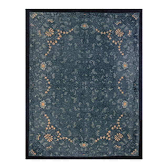 Room Size Blue Damask Chinese Knotted 1890s Antique Wool Rectangle Peking Rug For Sale