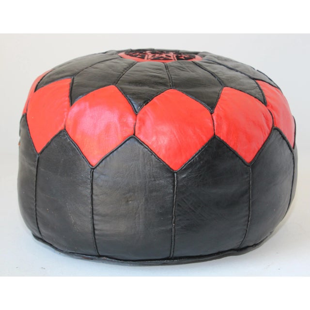 Moroccan Round Red and Black Leather Pouf Hand-Tooled in Marrakesh For Sale - Image 9 of 12