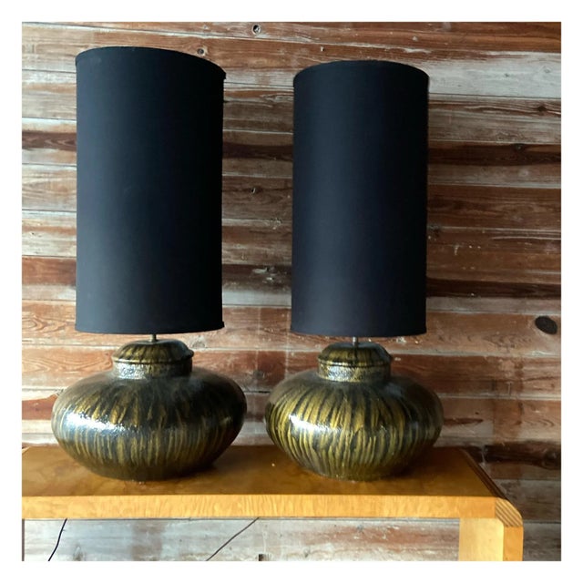 Mid-Century Modern Late 20th Century Black + Gold Ceramic Table Lamps - a Pair For Sale - Image 3 of 12