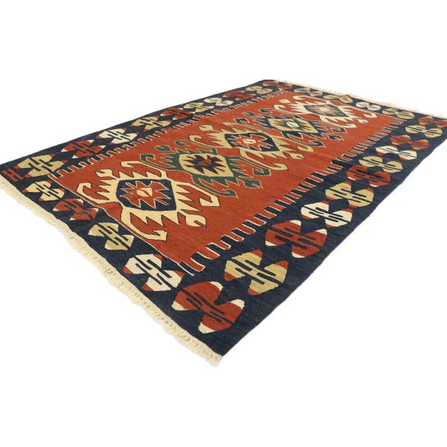 Vintage Persian Shiraz Kilim Rug with Tribal Style 03'09 x 05'07. Full of tiny details and a bold expressive design...