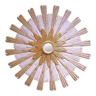 Vintage Italian Carved Giltwood Sunburst Mirror With Two-Tier Rays For Sale