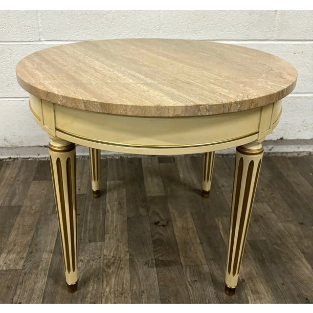 This is a gorgeous vintage French Louis XVI style marble top round side table, end table, accent table, or occasional...