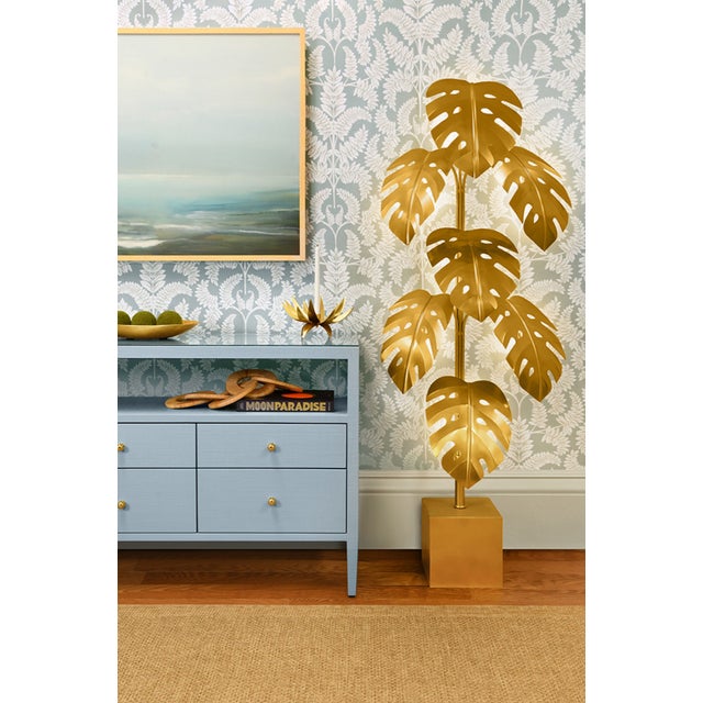 Contemporary Matthew Izzo Home Jordan Painted Blue Linen Six Drawer Console Table With One Open Shelf, Glass Top, and Brass Knobs For Sale - Image 3 of 7