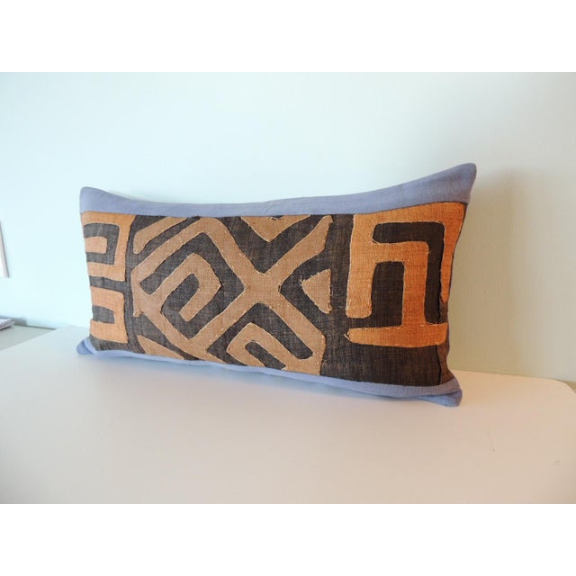 Vintage Kuba Tan and Brown Handwoven African Bolster Decorative Pillow with antique Wedgewood blue linen backing....