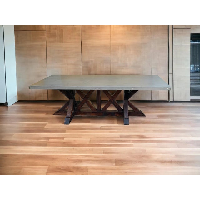 2010s Rustic / Primitive Farm Style Dining Table W/ Zinc Top & Oak Trestle Base For Sale - Image 5 of 5