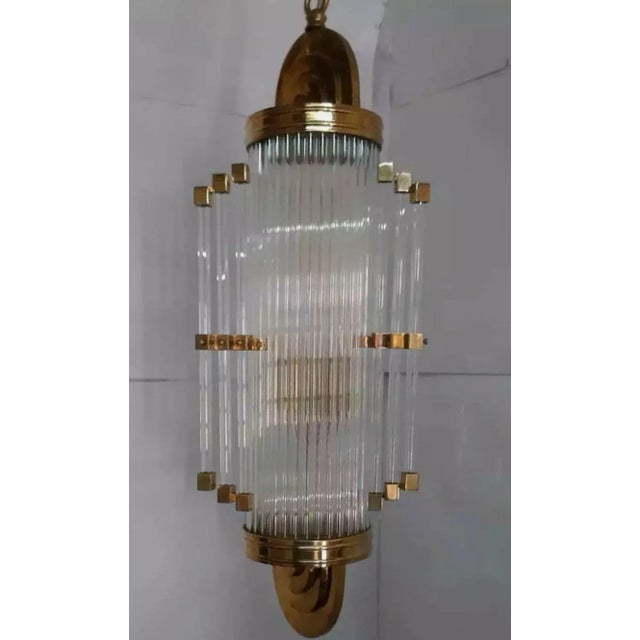 1940s Vintage Art Deco Skyscraper Rod Ship Chandelier in Brass & Glass For Sale - Image 5 of 8