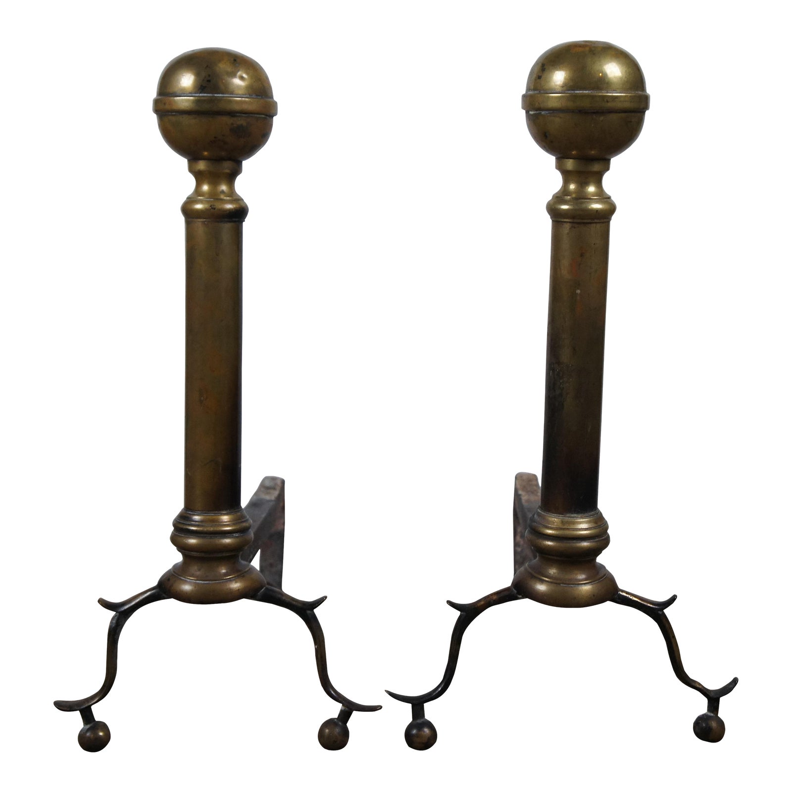 Antique Colonial Revival Brass Cannon Ball Fireplace Andirons