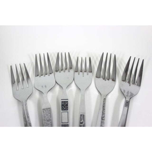 Curated Set of 6 Mid Century Modern Stainless Steel Salad or Dessert Forks, Mismatched Vintage Table Setting, Six Fork, MCM Black Background For Sale - Image 4 of 9