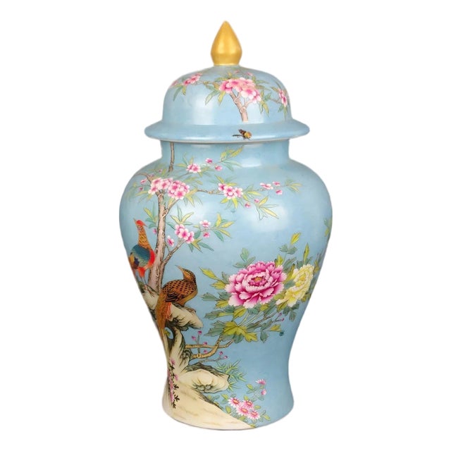 Chinese Vintage Ceramic Pot,Qing Dynasty Qianlong Marked Blue Ground Color Enamel Porcelain Ginger Jar Hand Painted Flower and Bird Pattern For Sale