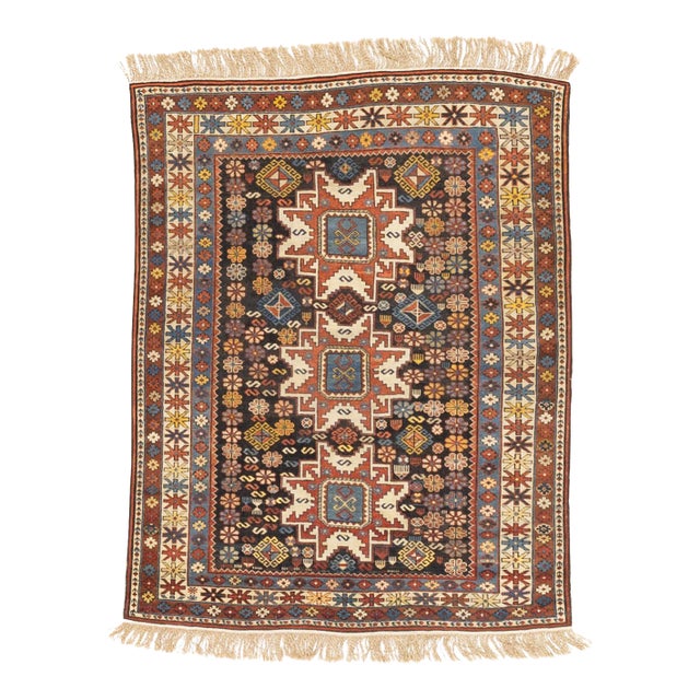 Antique Caucasian Lezgi Rug 3'10" X 4’11" For Sale
