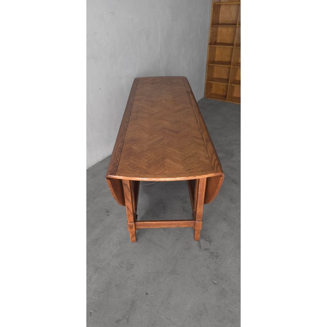 1980s 6ft Round Parquet Oak Drop Leaf Dining Table For Sale - Image 9 of 11