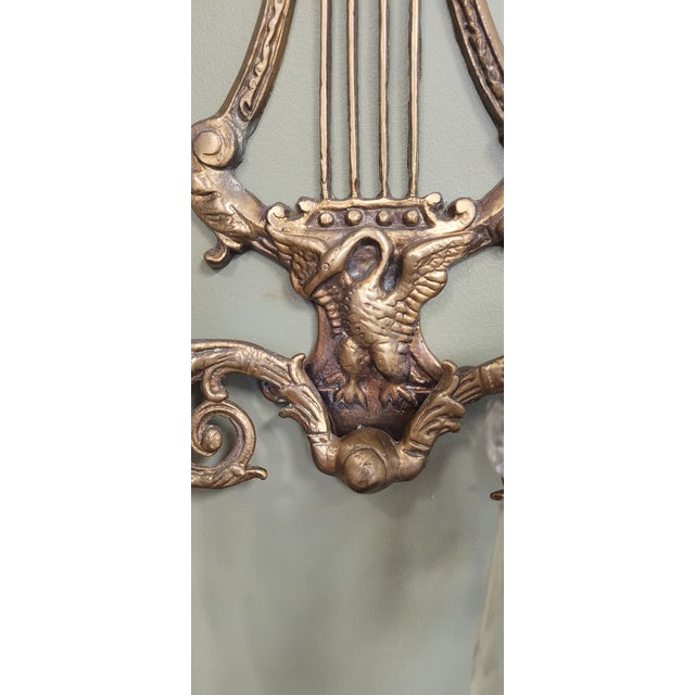 A Pair 1930s Brass & Crystal Swan Candle Wall Sconces For Sale - Image 9 of 10