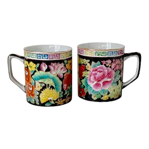 1980s Vintage Chinoiserie Black Mugs With Colorful Floral Design and Greek Trim - a Pair