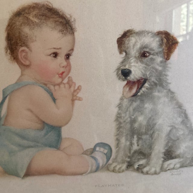 Linen Vintage Framed Charlotte Becker Print “Play Mates” Baby & Wire Fox Terrier For Sale - Image 8 of 9
