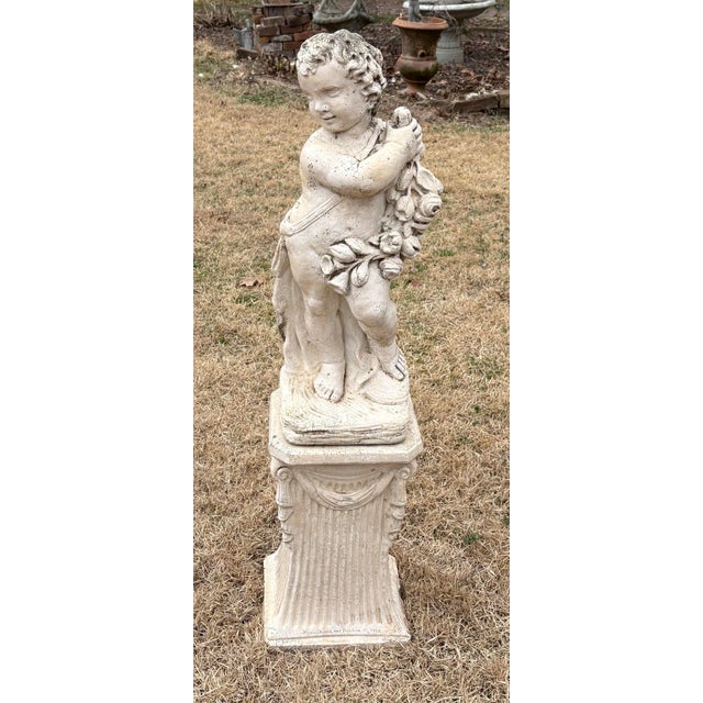 Sculpture Materials Vintage Concrete Putt or Cherub Palatine III Garden Statue With Base For Sale - Image 7 of 8