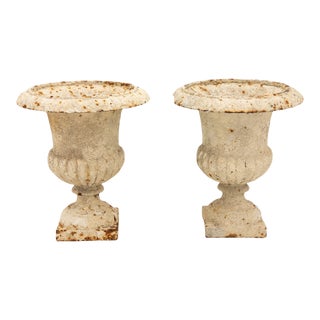 Pair of White Cast Iron Urns, French Early 20th Century For Sale