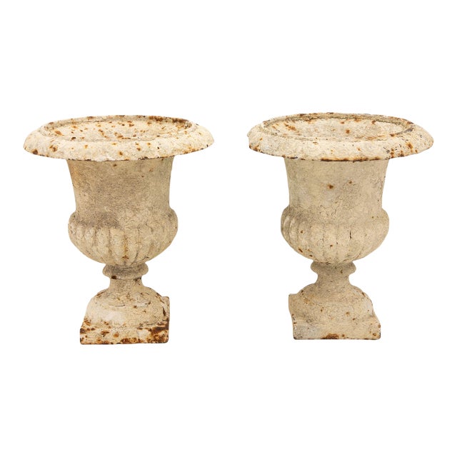 Pair of White Cast Iron Urns, French Early 20th Century For Sale