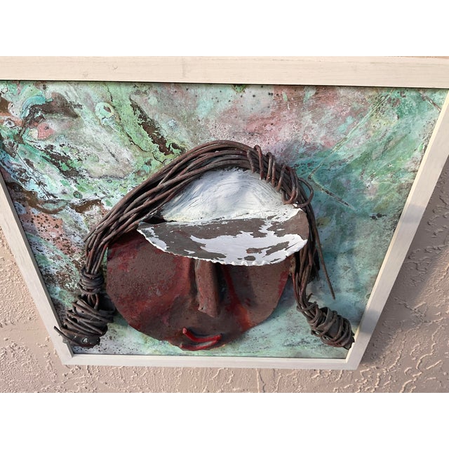 Wood Funky Mixed Media Metal Face Sculpture Copper & Brass Brutalist Wall Art For Sale - Image 7 of 15