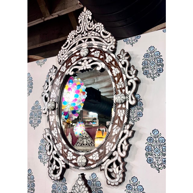 Contemporary 1990s Mother of Pearl Inlaid Oval Shape Mirror For Sale - Image 3 of 6