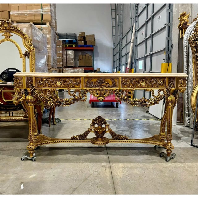 French Louis XVI Console Table – Marble Top With Elegant Gold Leaf Details For Sale - Image 11 of 11