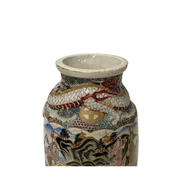 Vintage Asian Satusma Ceramic Handpainted Samurai Relief Dragon Motif Vase For Sale - Image 18 of 18