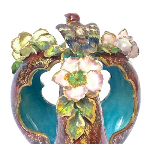 19th Century Antique Majolica Bird & Floral Basket For Sale - Image 5 of 9