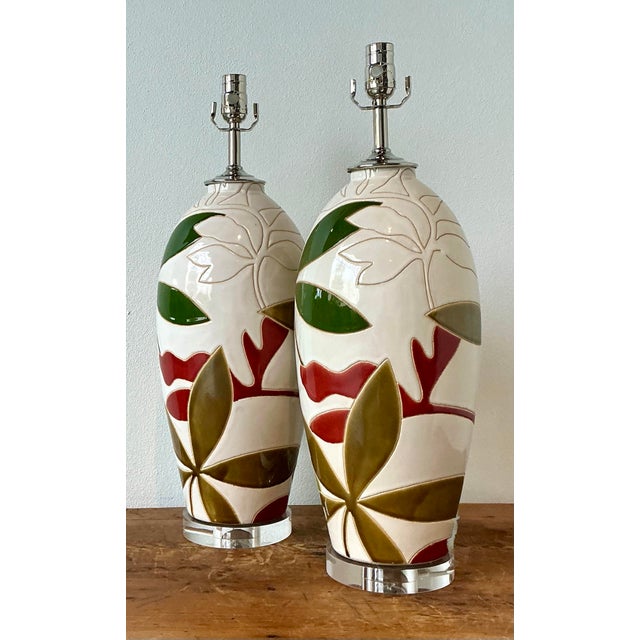 Vintage Boho Etched Glazed Ceramic Lamps - A Pair For Sale - Image 12 of 12
