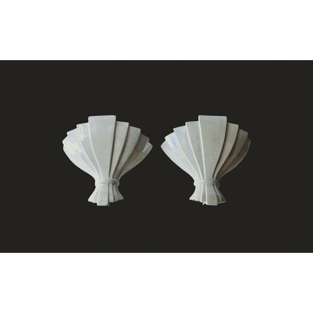 Fan Shaped Pearl Glazed Ceramic Wall Lamps, 1950s, Set of 2 For Sale - Image 4 of 13