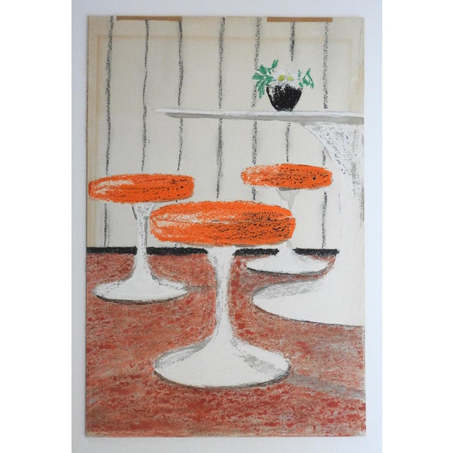 Mid 20th century oil pastel mixed media on artist board painting of interior dining scene with Saarinen tulip table and...