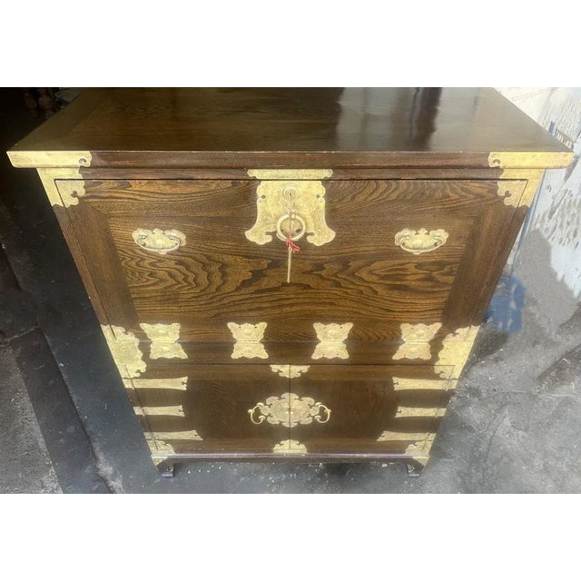 Brown Korean Elmwood and Brass Campaign Style Secretary Desk - Vintage Late 20th Century For Sale - Image 8 of 9