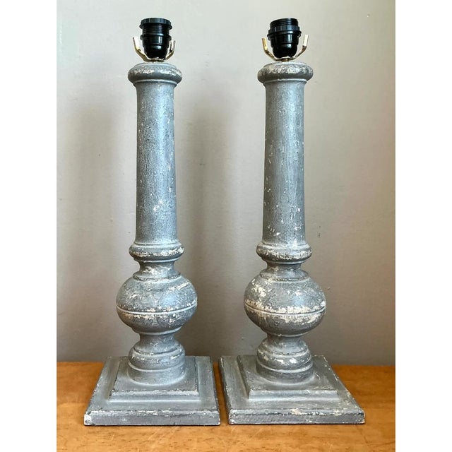 Gray Vintage Distressed Wood Table Lamps - Pair For Sale - Image 8 of 12