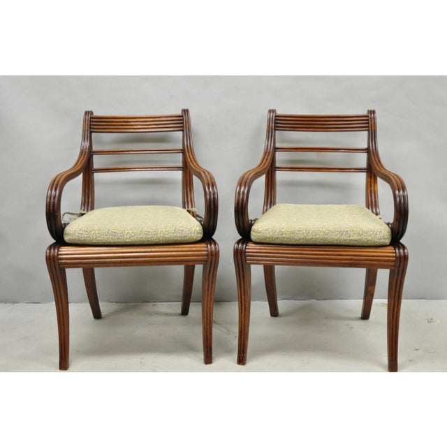Traditional Vintage English Regency Style Cane Seat Mahogany Saber Leg Arm Chairs - A Pair For Sale - Image 3 of 18