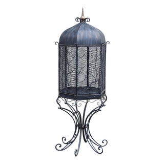 Vintage Wrought Iron Garden Bird Cage On Stand For Sale