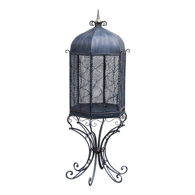 Vintage Wrought Iron Garden Bird Cage On Stand For Sale
