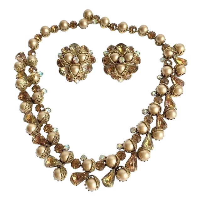 Kramer Necklace & Clip on Earrings Demi Parure Vintage 50s Pearl Rhinestone Aurora Borealis Crystal Signed For Sale