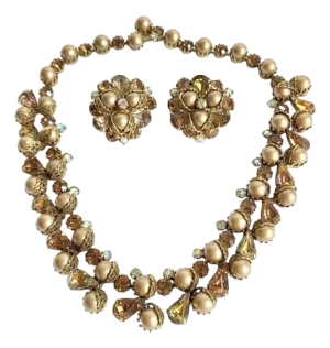 Kramer Necklace & Clip on Earrings Demi Parure Vintage 50s Pearl Rhinestone Aurora Borealis Crystal Signed