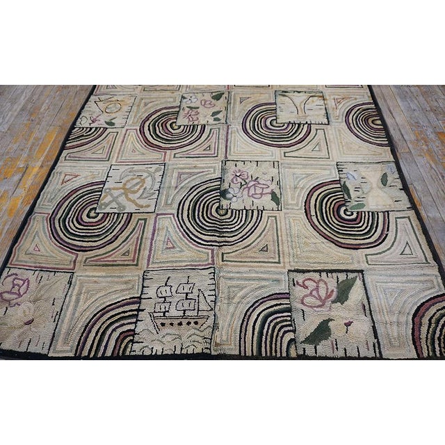 Beige Nice Tan-Beige Background With Prominent Circles Black Geometric Design Antique American Hooked Rug For Sale - Image 8 of 13