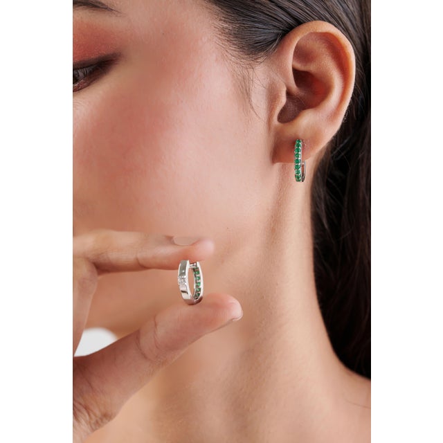 Not Yet Made - Made To Order VRJewels Round Cut Emerald & Diamond Transitional Hoop Earrings in 18k Gold- A Pair For Sale - Image 5 of 17