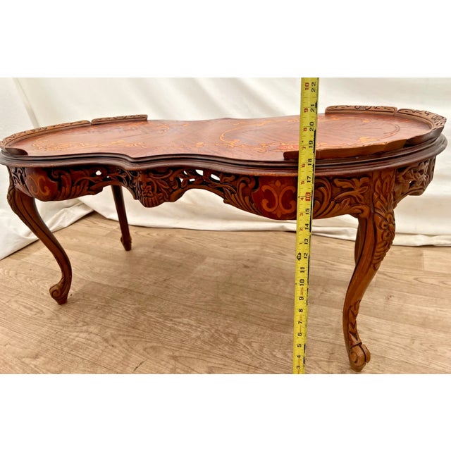 Vintage Oval Shaped Coffee Table Italian Marquetry Floral Inlay Parquetry For Sale - Image 9 of 12