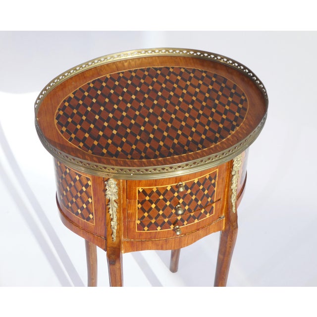 Small French Louis XV Style Oval Marquetry Side Table or Nightstand with Drawers and Brass Details, 1960s For Sale - Image 3 of 10