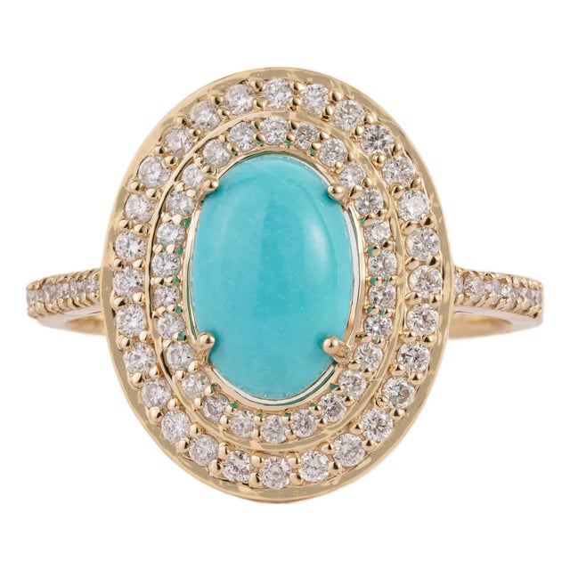 1.43ct Oval Turquoise Cabochon Double Halo Diamond 14k Gold Contemporary Ring Size 5.5 For Sale